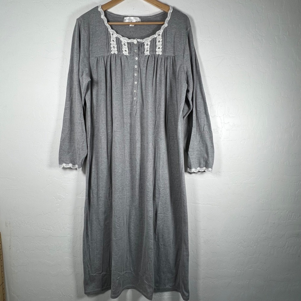 Eileen West Womens Gray Lace Trim Long Sleeve Nightgown Size L